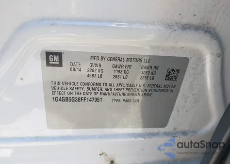 2015 Buick Lacrosse Leather из США, поврежденный, VIN 1G4GB5G38FF147951